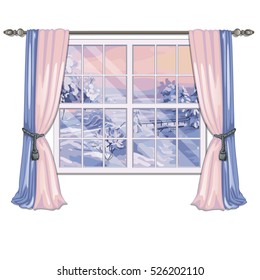 The window overlooking the sunrise in a snowy field in winter isolated on white background. Interior design luxury country house. Vector illustration.