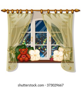 The window overlooking the trees with garlands. Festive interior. Vector.