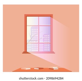 Ventana que da a la ciudad invernal. En la sala hay una mesa. Estilo mínimo con espacio de copia.