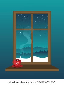 Window overlooking the winter landscape. Cartoon flat style. Vector illustration.