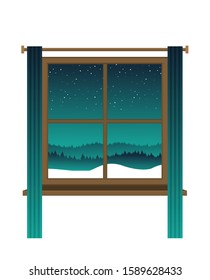 Window overlooking the winter landscape. Cartoon flat style. Vector illustration.
