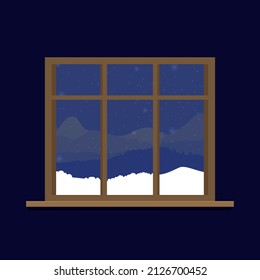 Window overlooking the winter landscape. Cartoon flat style. Vector illustration.