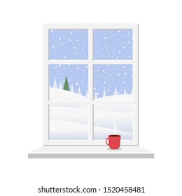 Window overlooking the winter landscape. Christmas window in flat design style vector illustration.