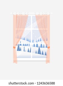 La ventana que domina el paisaje invernal: las colinas, la nieve, el abeto y la caída de la nieve. Las vistas desde la habitación. Dibujo de estilo plano. Ilustración vectorial.