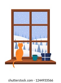 Window overlooking the winter landscape. Vector illustration. 