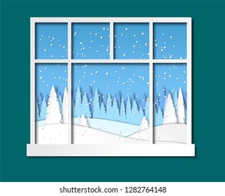 Window overlooking the winter landscape.Paper cut style. Vector illustration.