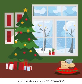 Window overlooking winter snow-covered trees. Green wall, New Year tree and table with gifts in cardboard boxes with bows, with sleeping cat and dog in the interior. Flat cartoon vector illustration.