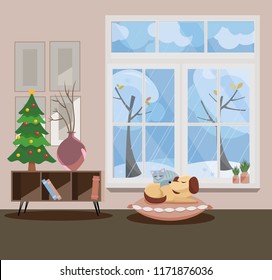 Window overlooking winter snow-covered trees. Gray wall, little New Year christmas tree and table with vases, sleeping cat and dog in the interior. Flat cartoon vector illustration.