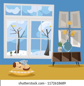 Window overlooking winter snow-covered trees. Winter interior sleeping cat and dog, shelf, vase with branches in blue and yellow colors. Nonparallel objects. Snow weather outside. Flat cartoon vector