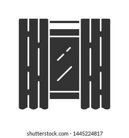 Window panel pair glyph icon. Home decorating drapery fabric. Blackout liner. Room darkening shades on cornice. Grommet curtains. Silhouette symbol. Negative space. Vector isolated illustration