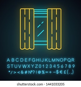 Window panel pair neon light icon. Decorating drapery fabric. Blackout liner. Kitchen shades on cornice. Grommet curtains. Glowing sign with alphabet, numbers and symbols. Vector isolated illustration