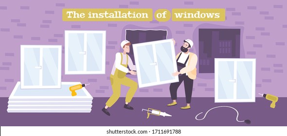 Window panes repair replacement renovation insulation installation flat composition with two handymen carrying glass panel vector illustration 