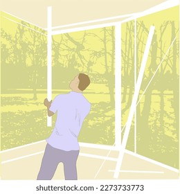 The window is panoramic, a man in a lilac shirt changes the frame, a view of the park, fallen details.
