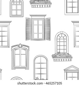 Window pattern. Different architectural style of windows doodle sketch seamless ornamental background