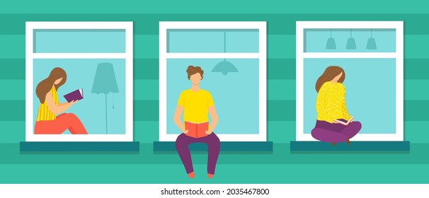 Fenster mit Person, Vektorgrafik. Flat man Charakter sitzt zu Hause, Innenleben Lifestyle Design. Die Leute lesen Buch, sitzen auf Fensterbrett