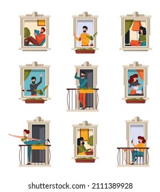 Window persons. Outdoor views on building facade with window frames and balcony doors people talking garish vector flat illustrations set