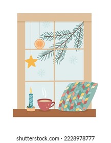 Window with pillow and cup of tea, with a winter view and Christmas decoration. Simple isolated illustration.