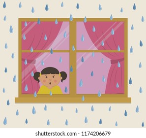 Window with pink curtains on a rainy day. A little girl in the room looks at the rain in surprise. View from the street side. Autumn background. Vector illustration.