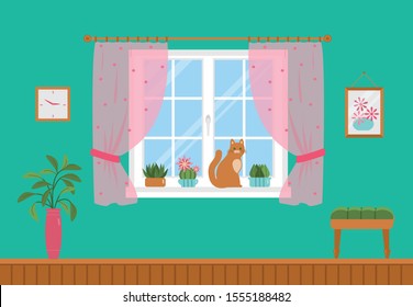 Window with pink transparent curtains and cactus in pots on windowsill. Vector flat illustration. Cute cozy room interior with houseplants, cat and chair.
