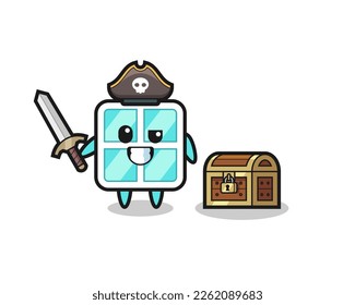 the window pirate character holding sword beside a treasure box , cute style design for t shirt, sticker, logo element