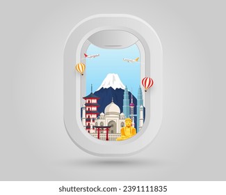 avión de ventana y famoso punto de referencia viajan a asia world sobre fondo blanco. avión de turismo de viajes. diseño de ilustración vectorial. viaje de vacaciones.