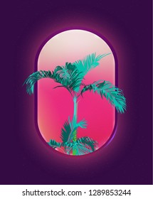 window of a plane in neon glow purple light and tropical palm tree background template