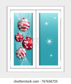Window plastic with hanging Christmas balls. Vector illustration.