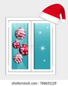 Window plastic with hanging Christmas balls and Santa hat. Vector illustration.