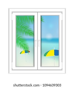 Window plastic with a landscape sea view, palm and beach. Summer Illustration over white background. Vector.