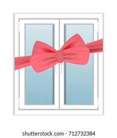 Window plastic with pink ribbon and bow as a gift. Vector illustrations.