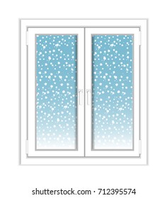 Window plastic with views falling snow over white background. Vector illustration.