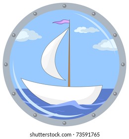 Window porthole with the ship floating on the sea and the blue sky with clouds