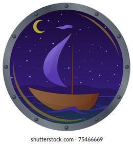 Window porthole with the ship floating on the sea in the moonlight night