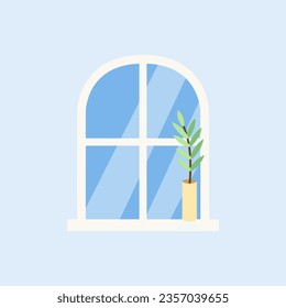 Window with potted plant decoration. Flat vector illustration isolated on white background. 