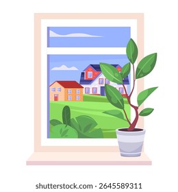 Ventana con una maceta frente a ella. Ventana tiene una vista de una casa que está en el fondo. Ilustración vectorial en un estilo plano