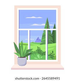 Window with a potted plant in front of it. Window has a view of mountains in the background. Vector illustration in a flat style