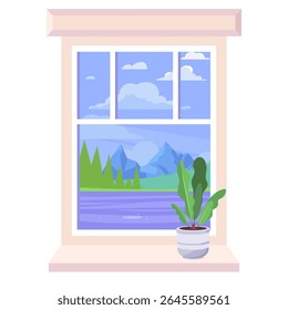 Window with a potted plant in front of it. Window has a view of mountains in the background. Vector illustration in a flat style