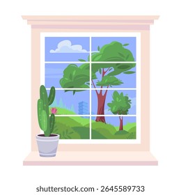 Janela com uma planta em vaso na frente dela. Window tem uma vista de uma cidade com edifícios e montanhas ao fundo. Ilustração vetorial em estilo plano