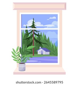 Ventana con una maceta frente a ella. Ventana tiene una vista de una casa que está en el fondo. Ilustración vectorial en un estilo plano