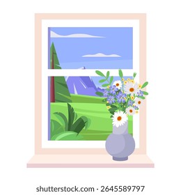 Window with a potted plant in front of it. Window has a view of mountains in the background. Vector illustration in a flat style