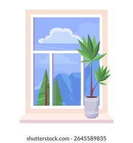 Window with a potted plant in front of it. Window has a view of mountains in the background. Vector illustration in a flat style