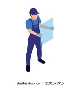 Window Production Isometric Icon With Worker In Uniform Holding Glass Sheet 3d Vector Illustration