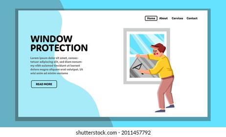 Window Protection Accessory Installing Man Vector. Window Protection Foil Install Young Guy For Protect From Beams Of Sun Light And Ultraviolet Radiation. Character Web Flat Cartoon Illustration