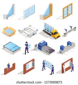 Window pvc glass manufacturing cutting panes assembling packing distribution transportation installation isometric elements set isolated vector illustration 