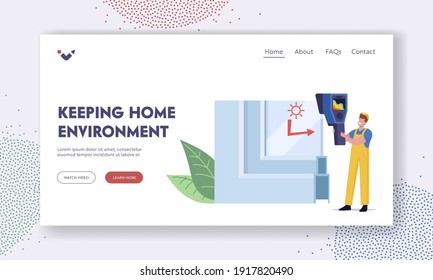 Window Pvc Profile Landing Page Template. Tiny Worker Character at Glass Cross Section Measuring Temperature of Surface Presenting Plastic Glass Reflecting Cold and Heat. Cartoon Vector Illustration