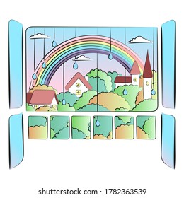 Window with raindrops and view of a rainbow. Retro comic style illustration with city park rainbow skyline. Rainbow over the city after a summer rain.