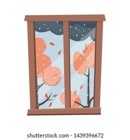 Window with a rainy autumn view. Flat style vector illustration.