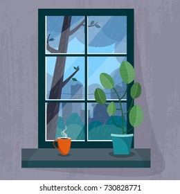 Window with a rainy city view. House plant and cup of tea or coffee on the windowsill. Flat cartoon style vector illustration.