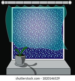 Fenster bei Regenwetter in einem Haus mit Tulle und Blumentopf