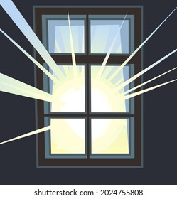 Window is rectangular. With window sill and wall fragments. Day and sun rays. Or night and Flashlight light. Cartoon style. Flat design. Vector